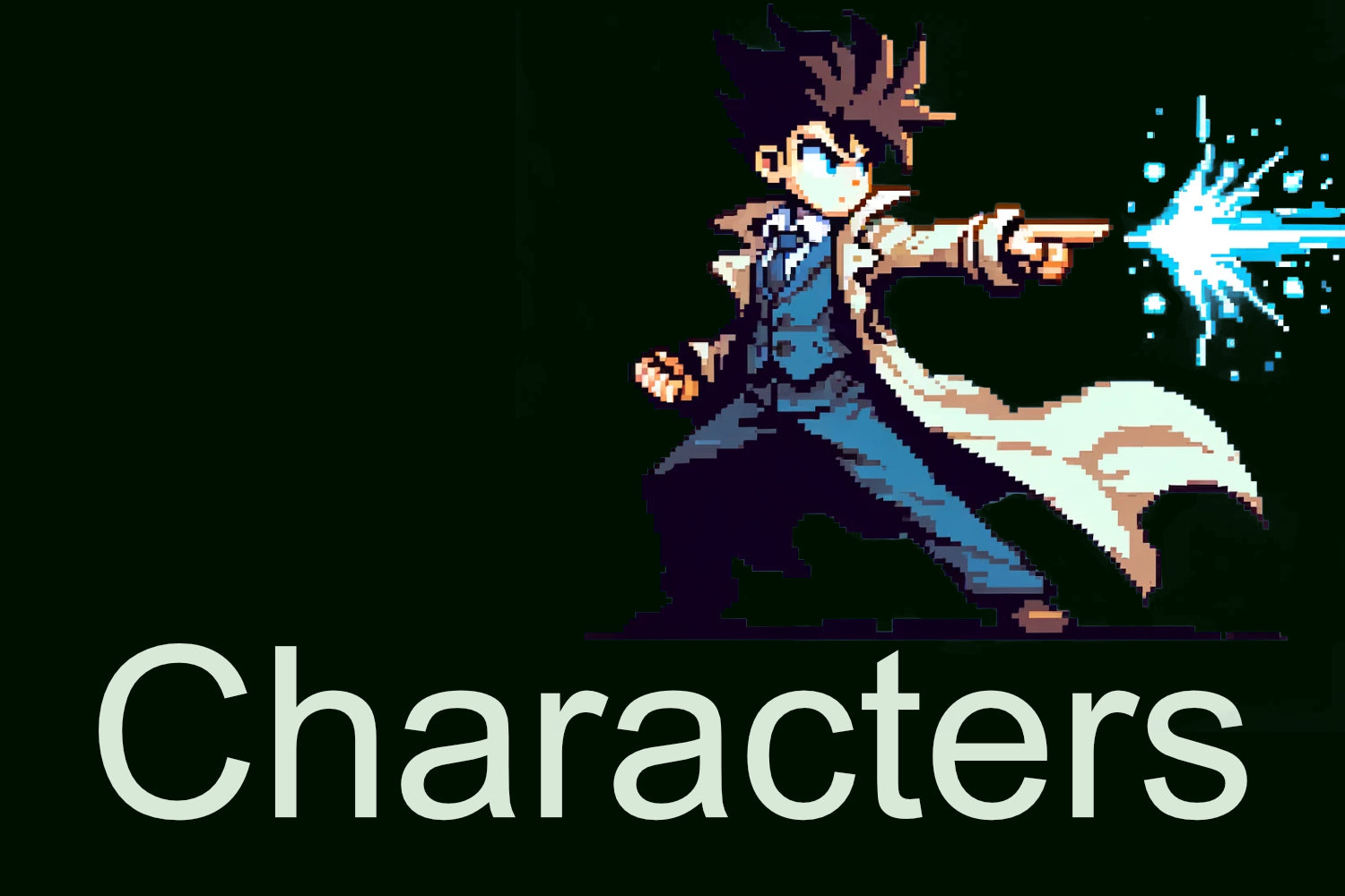 The image features an 8-bit pixel art character sprite of a Japanese spirit detective.